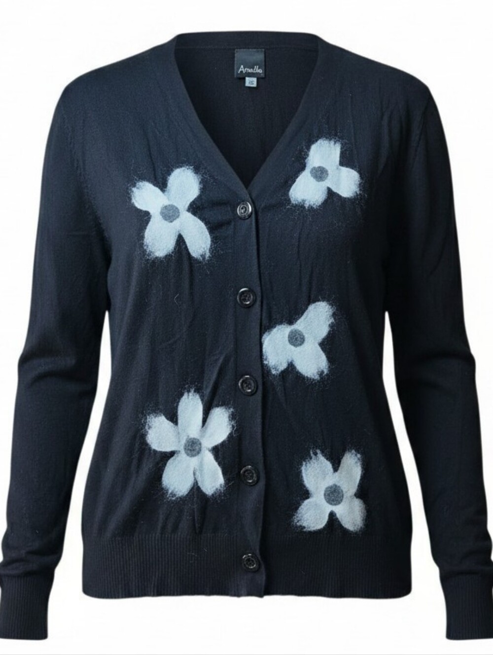 AAEDA | Black Ivory Felted Floral Button Cardigan Knit Sweater Cardigan | XL